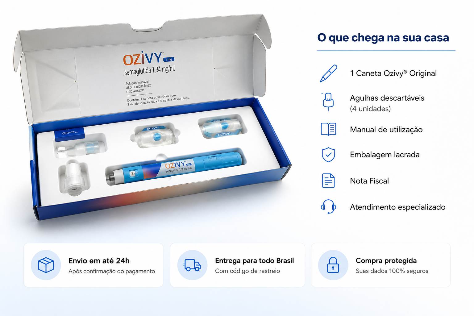Kit completo OZIVY aberto com caneta aplicadora, agulhas descartáveis e embalagem original